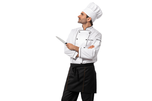 Chef holding knife with confident pose in kitchen png