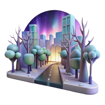magnificent contemporary Night Cityscape Urban Road with Trees and Aurora 4K png