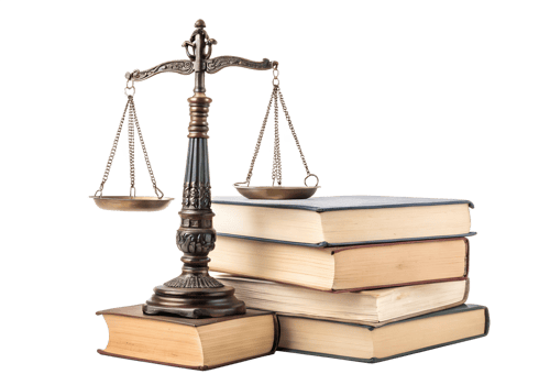 Legal scales positioned next to stacked law books png