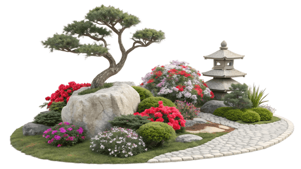 Tranquil Japanese garden with flowers png