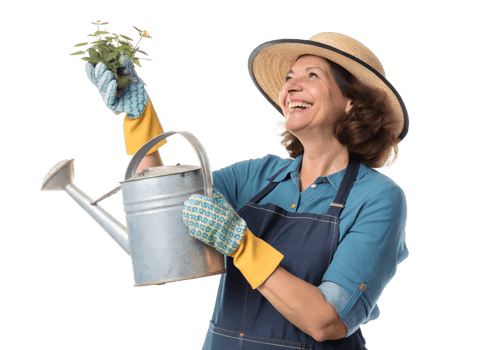 Happy gardener watering plants with joy in spring png