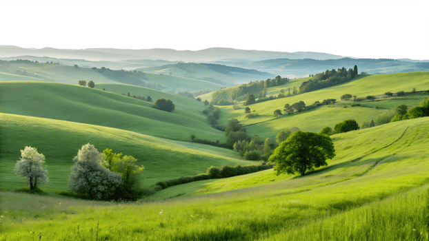 Rolling green hills under a serene sky at dusk png