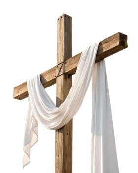Cross adorned with white fabric on wooden post png