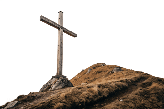 Wooden cross on a hilltop during a cloudy day png