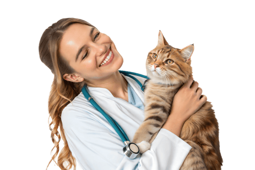 Caring veterinarian holds a smiling cat gently png