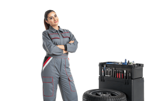 Skilled mechanic posing confidently in workshop png