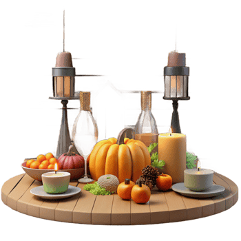 serene vintage Autumn Harvest Table Setting Pumpkins, Candles, and Wine professional png