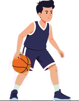 Young boy dribbling a basketball in a playful and energetic manner, showcasing flat design style in vibrant colors, illustration vector