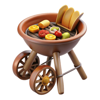 serene traditional 3D Cartoon Grill with Food authentic png