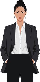Confident businesswoman in a tailored black suit with a white shirt, minimal style illustration showcasing professionalism and modern fashion in an empowering pose vector