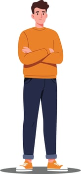 A young man standing confidently with crossed arms in a casual outfit, featuring a flat and minimal design style, illustration vector