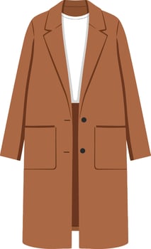 Brown long coat displayed in a flat, minimal style with pockets and a relaxed fit, perfect for casual wear, art vector