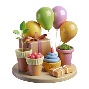 stunning modern Festive Celebration Balloons, Gift, and Cupcakes detailed png