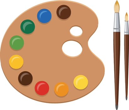 Artistic paint palette with vibrant colors and two brushes in a flat design illustration vector