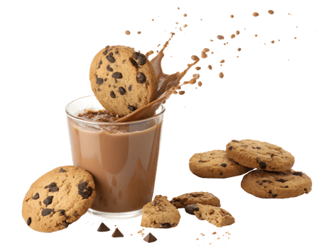 Chocolate milk splashing with cookies in action png