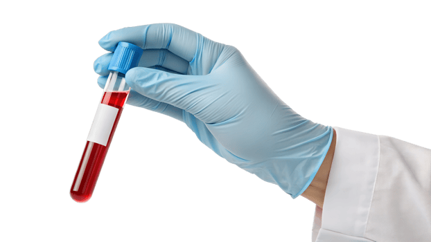 Hand holding a blood test tube in a lab setting png