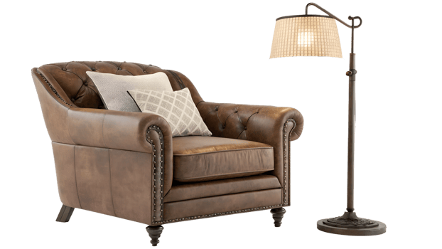Cozy leather armchair with modern lamp in setting png
