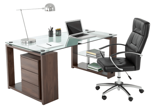Modern office workspace with glass desk and chair png