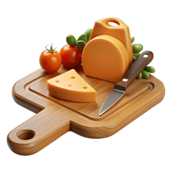 impressive contemporary Cheese, Tomatoes, and Olives on Wooden Cutting Board authentic png