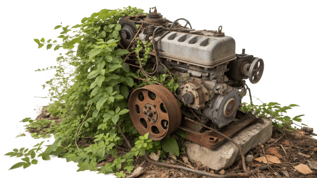 Old engine covered with green vines in nature png