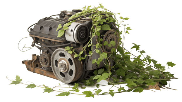 Engine covered in green vines in urban setting png
