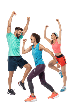 Three friends celebrating fitness success together png