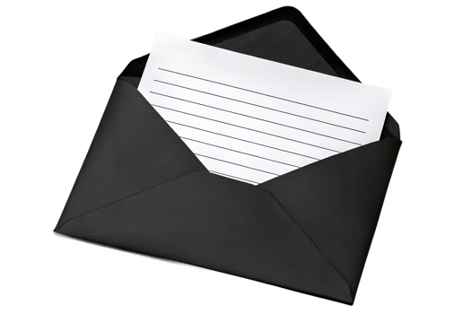 Open black envelope with empty piece of paper isolated on the transparent background png