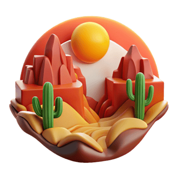 Sunset Desert Landscape 3D Render of Cacti and Mountains png