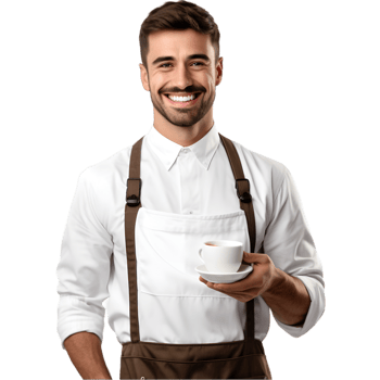 Cheerful barista serving coffee, urban , portrait, city street, close-up, warmth and professionalism in service png