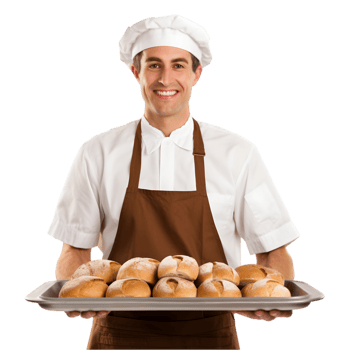 Baker presenting freshly baked buns bakery portrait bright environment smiling viewpoint culinary artistry png
