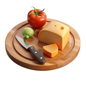 Wooden Board with Cheese, Tomato, and Knife png