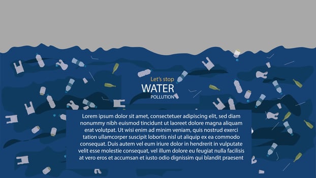 Stop Water Pollution Awareness Poster with Floating Plastic Waste Bottles and Bags in the Ocean Environmental Protection Concept vector