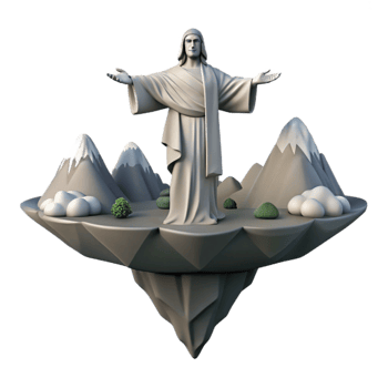 dramatic classic Serene Statue on Floating Island with Mountains exclusive png