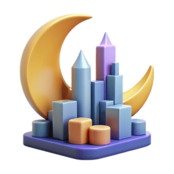 vibrant modern Crescent Moon Cityscape Nighttime Urban 3D Render high resolution png