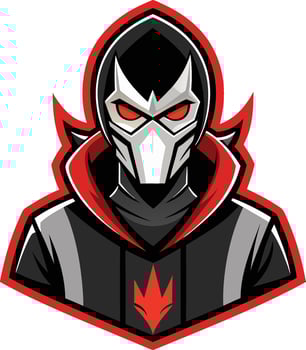 Masked villain logo, esports mascot, red and black color scheme, angular geometric design, cyberpunk aesthetic, futuristic warrior, menacing glowing eyes vector