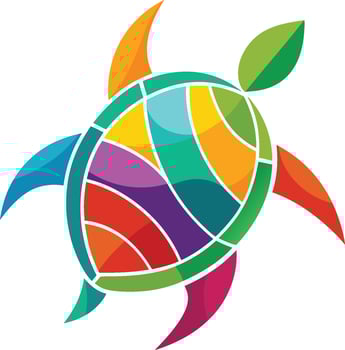 Colorful geometric sea turtle, abstract design, vibrant rainbow colors, mosaic pattern, stylized animal logo, simplified shapes, curved lines, modern graphic art vector