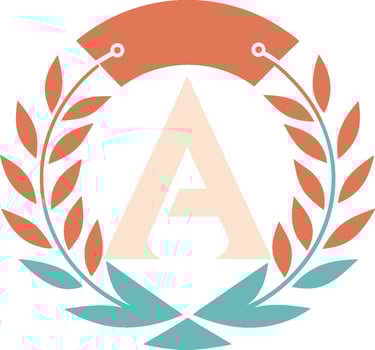 Minimalist logo design, Letter A, Laurel wreath, Coral and teal color scheme, Symmetrical composition, Flat art, Curved banner, Clean typography vector