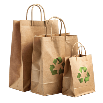 Recyclable brown bags with bold green recycling logos for eco conscious branding. png