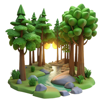 extraordinary traditional 3D Cartoon Forest Stream Illustration premium png