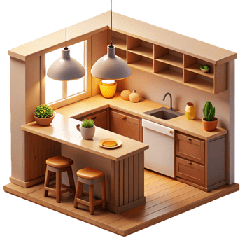 stunning minimalist Cozy 3D Kitchen Isometric Illustration authentic png