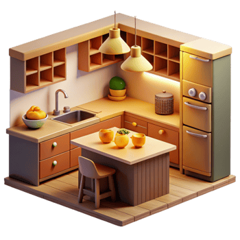 dramatic minimalist Cozy Kitchen 3D Illustration authentic png
