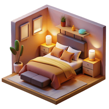 serene rustic Cozy 3D Bedroom Illustration exclusive png