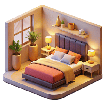 dramatic minimalist Cozy 3D Bedroom Illustration exclusive png