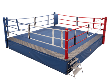 View of a professional standard boxing ring with neutral corners, stairs, and ropes png