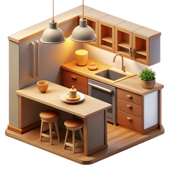 serene artistic Cozy 3D Kitchen Illustration premium png