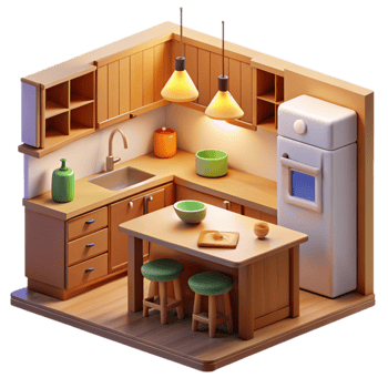 elegant contemporary Cozy Kitchen 3D Model Render high quality png