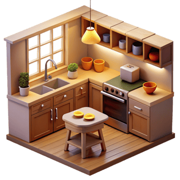 dramatic modern Cozy 3D Isometric Kitchen Illustration professional png