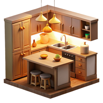 extraordinary contemporary Cozy 3D Kitchen Illustration detailed png