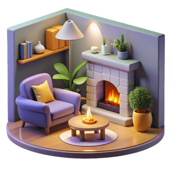 dramatic vintage Cozy 3D Rendered Living Room Illustration high quality png
