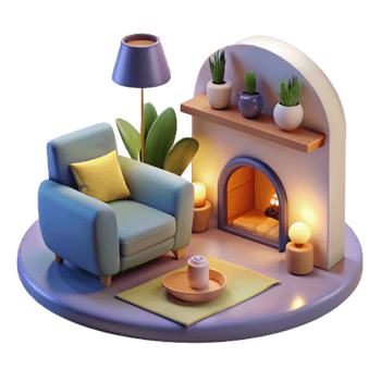 wonderful contemporary Cozy 3D Room Illustration Fireplace, Armchair, and Plants premium png